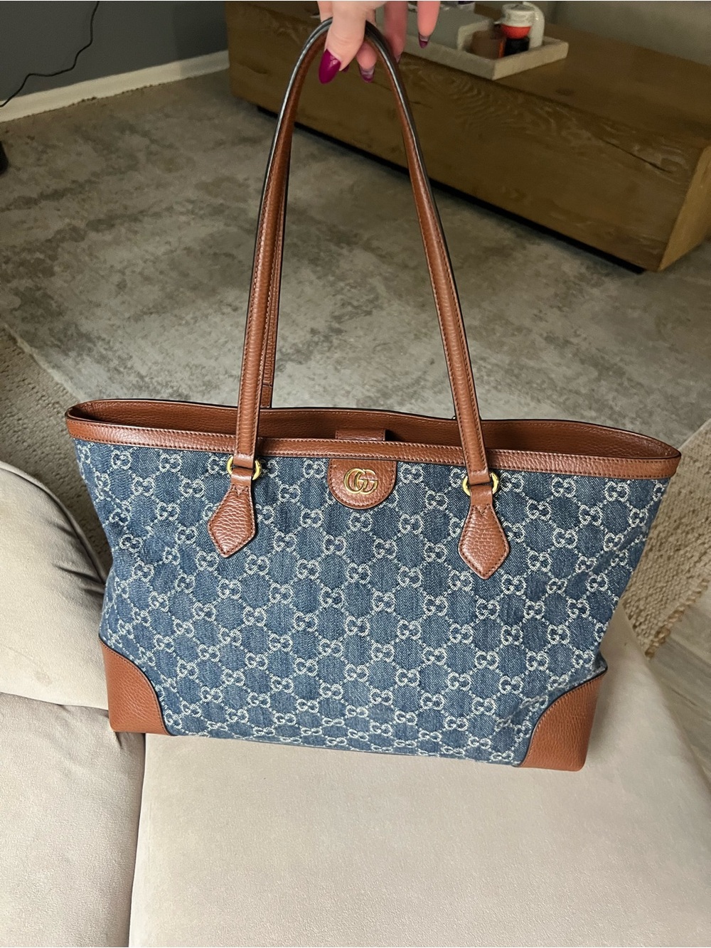 Gucci Ophidia Blue Denim GG Tote with Brown Leather Trim and Gold Hardware